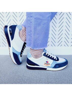 🤩Michael Kors 7.5 Women Casual Shoes Andi Trainer tracvSneakers Navy Cream Sued